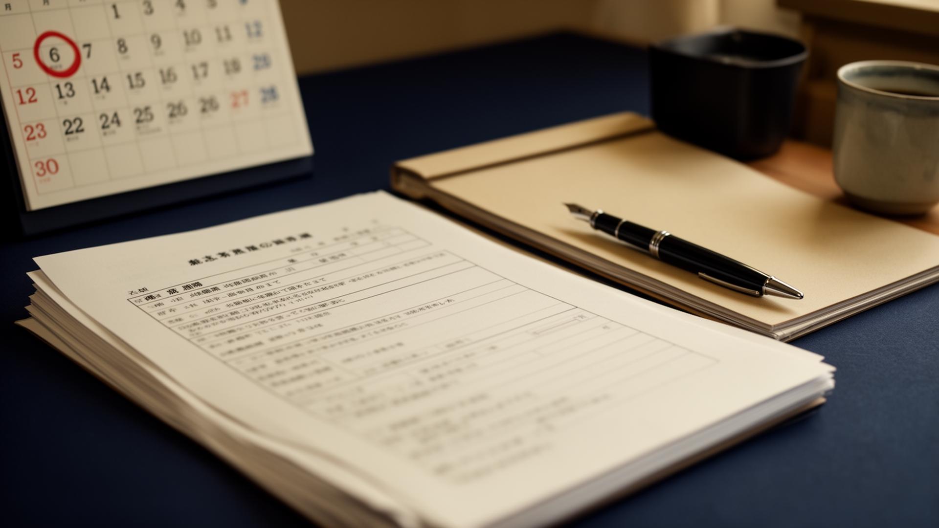 6月のカレンダーに赤丸が付いた施設長のデスク。処遇改善届出の締め切りを示唆するイメージ