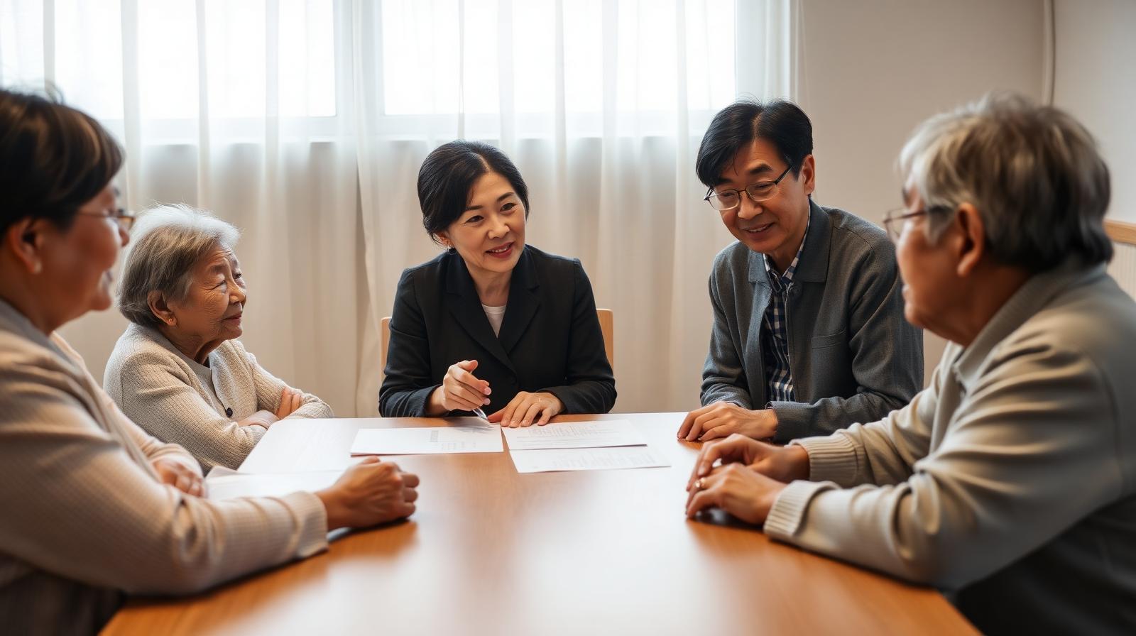 施設長が利用者家族に契約書の変更点を丁寧に説明している面談の様子