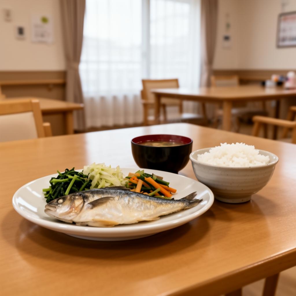 介護施設の食堂で配膳された栄養バランスの良い和食の食事