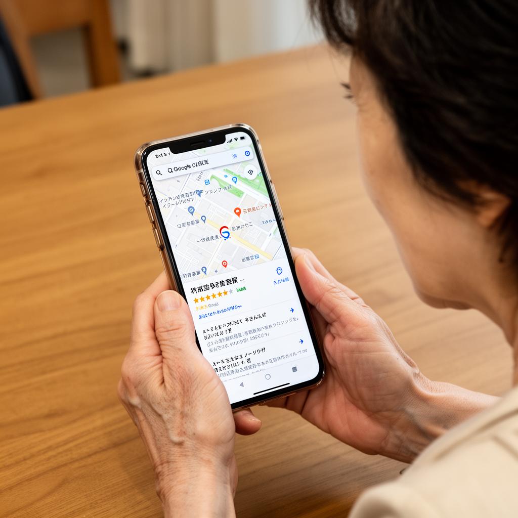 家族がスマートフォンで介護施設のGoogleマップと口コミを比較検討する様子