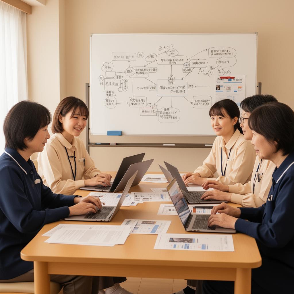 介護施設の管理職と現場リーダーがWebマーケティング戦略をホワイトボードと資料で検討している様子