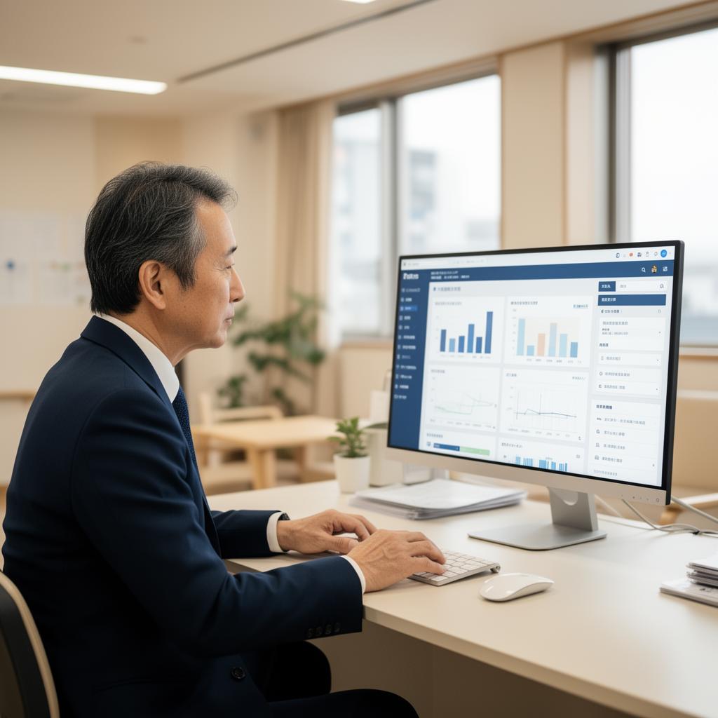 介護施設の経営者が自施設のWeb集客データとアクセス解析画面を確認している様子
