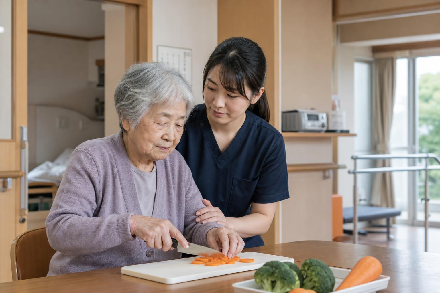 作業療法士の支援で調理動作の練習を行う高齢女性
