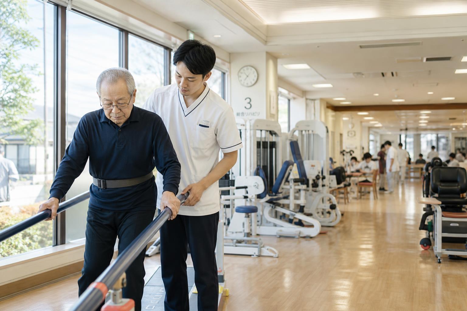 通所リハビリで平行棒を使って歩行訓練を行う高齢者と理学療法士