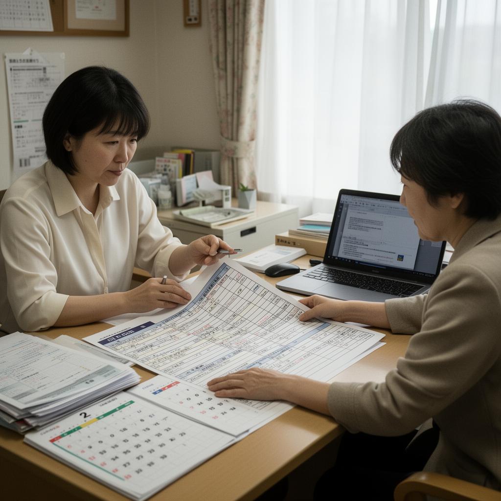 介護施設の管理者と相談員がシフト表とカレンダーを広げて夜勤体制を検討する様子