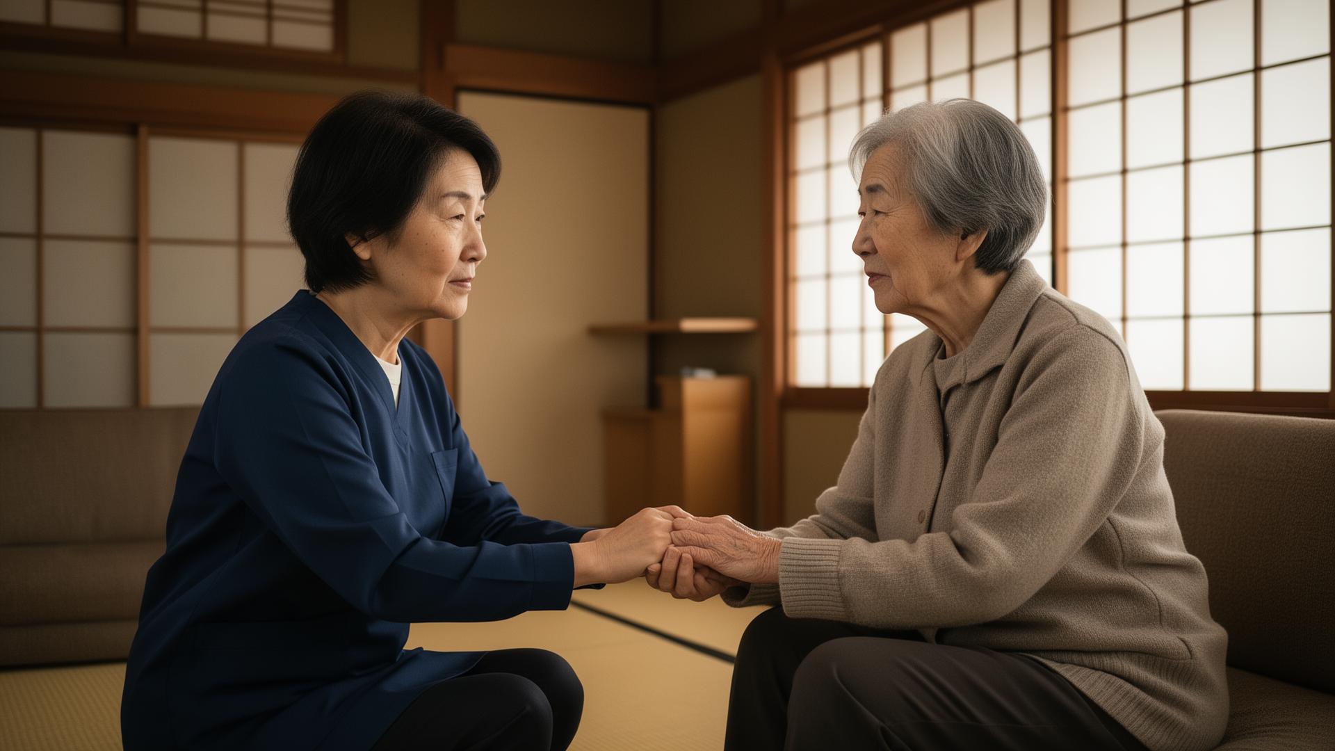 畳の和室で高齢の母親と向き合い、手を取って話す家族介護者の女性